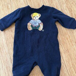 Ralph Lauren POLO Bear Hat  Blue Fleece Coverall One Piece 3 M